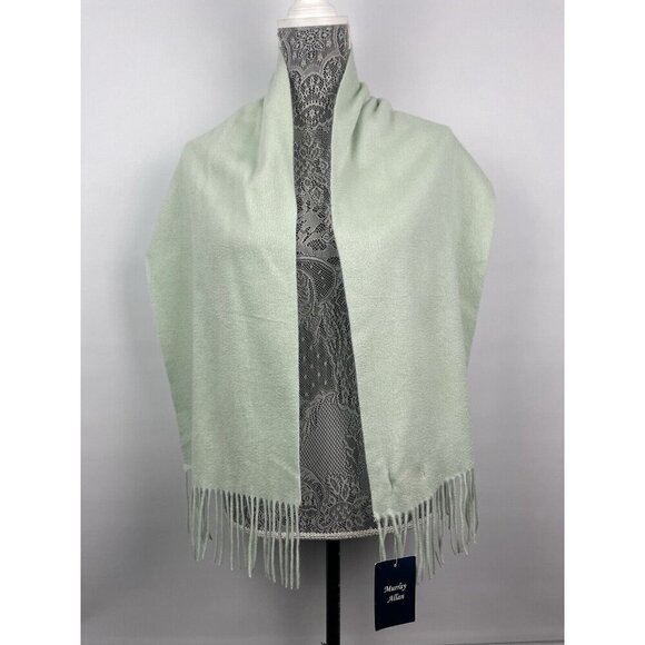 Murray Allan Mint‎ Green 100% Cashmere Twill Knit Fringe Hem Rectangle Scarf - Picture 2 of 7